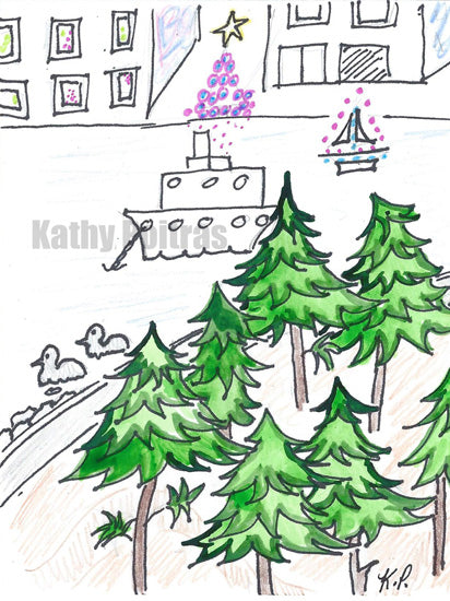 Christmas card instant digital download of a whimsical view of  Vancouver from North Vancouver Sea Wall.  Tall trees in the foreground,  2 ducks in the water, a ship anchored in the harbor, a  lit sail boat and Christmas tree across the water. 