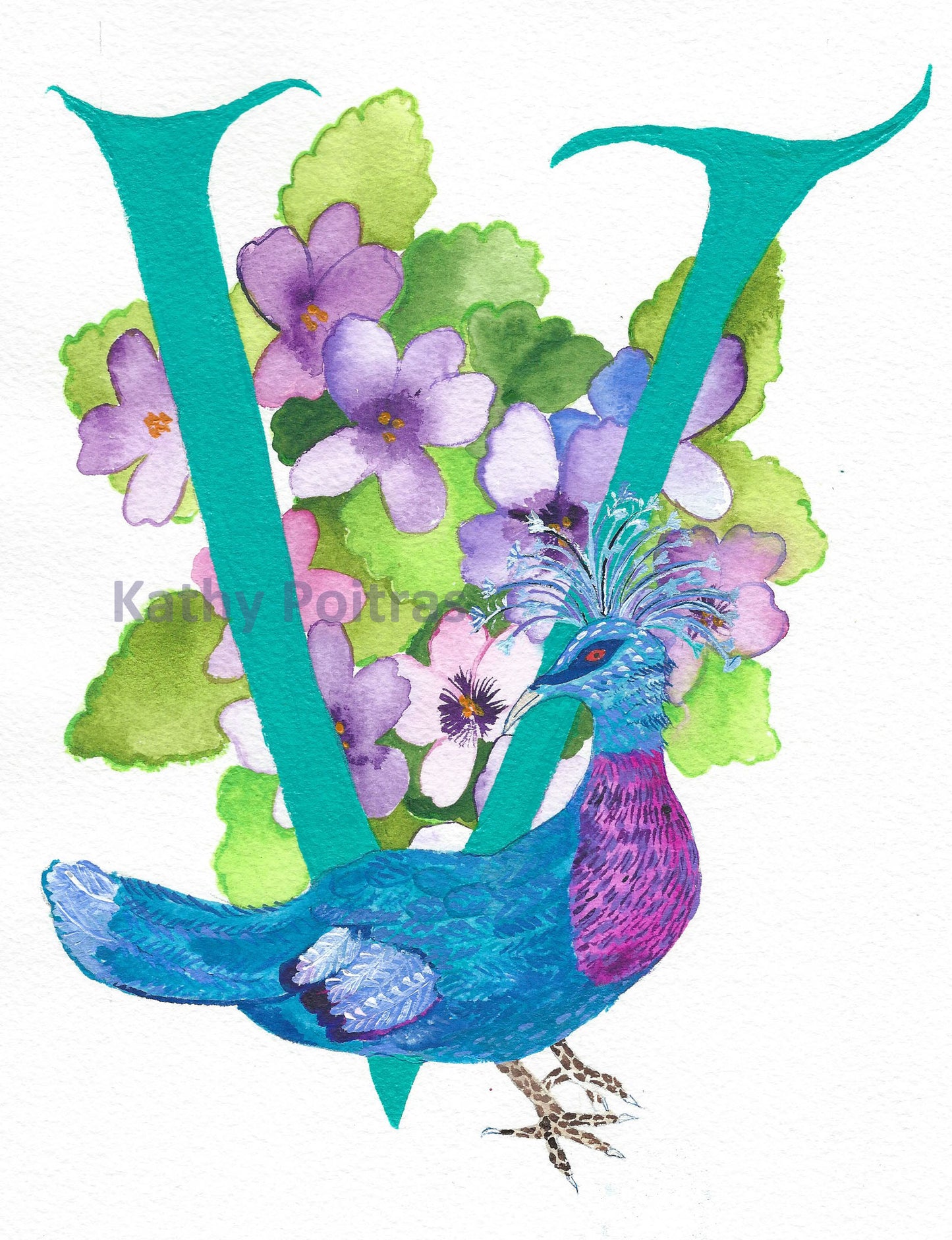Letter V for Victorian Pigeon and Violets, by artist Kathy Poitras. 