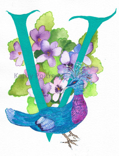 Hand made photographic Personalized Greeting Card. Illustrated Letter V for Victorian Pigeon and Violets by artist Kathy Poitras. Blank inside