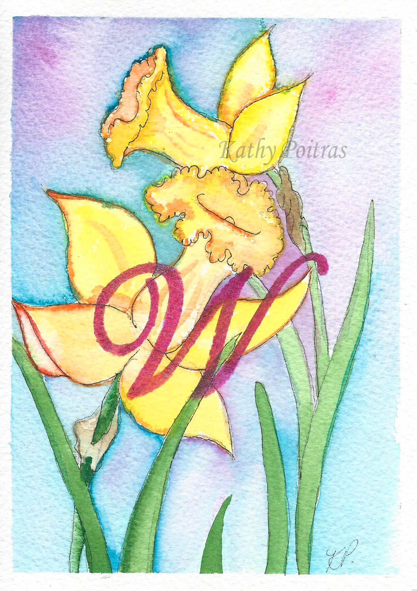 small watercolor and ink painting of dafodils. Personalized with a letter W. 