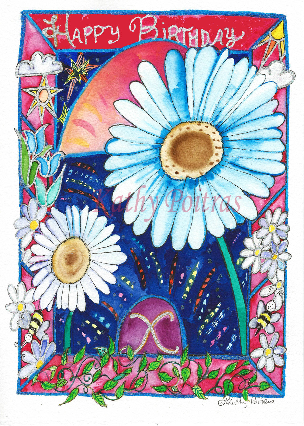 Personalized flower of the month April, Happy Birthday Card. Daisies and the letter X.   A cheerful whimsical cathedral with celebratory fireworks featuring the letter X, and daisies.  Surrounded by a border with naïve images expressing life. Happy Birthday is written on the top. 