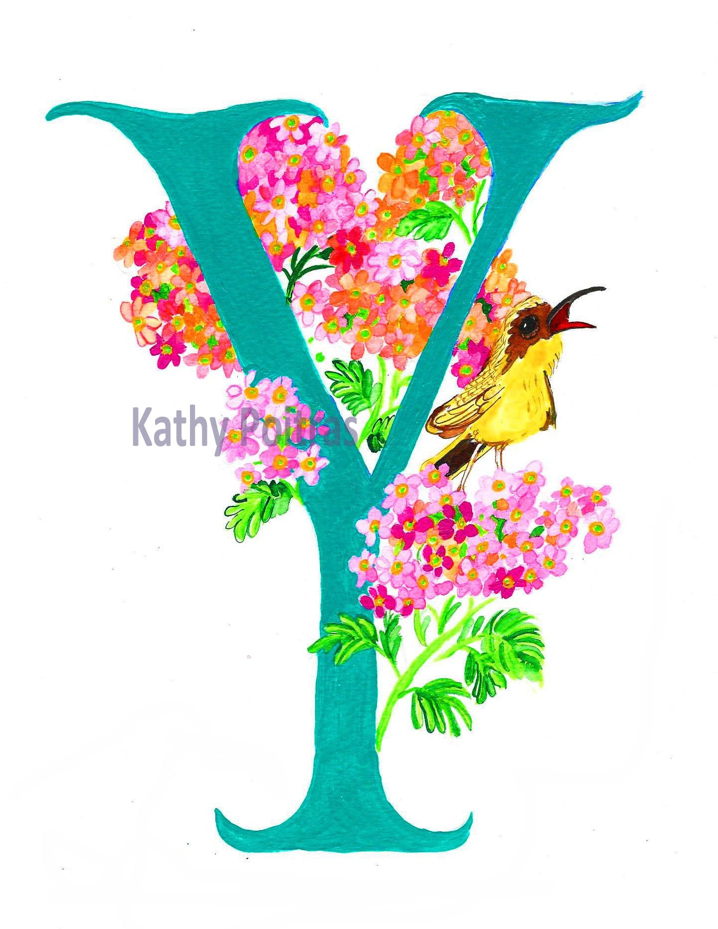 Hand made photographic Personalized Greeting Card. Illustrated Letter Y is for Yarrow flowers and Yellowthroat Bird,  by artist Kathy Poitras. Blank inside