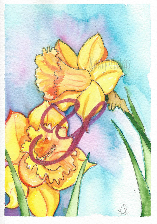 Personalized letter Y Birthday Card, Mother's Day Card, of  Daffodils