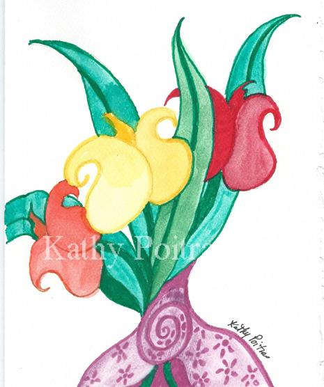 Yellow, red and orange abstract folk art tulip bouquet