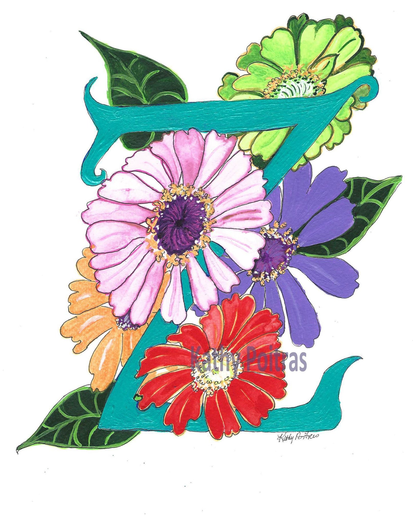 Hand made photographic Personalized Greeting Card. Illustrated Letter Z is for Zinnia Flowers by artist Kathy Poitras. Blank inside