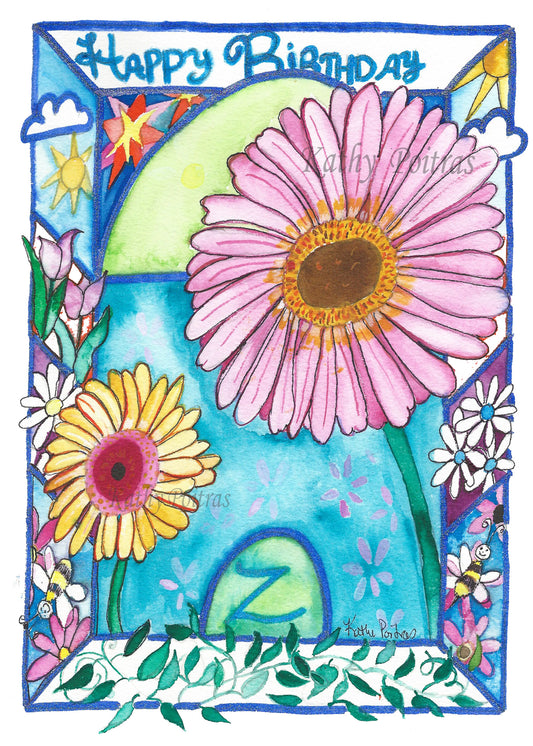 Personalized Birthday Card. April Flower of the Month , Daisies and the Letter Z