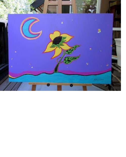 Painting on an easel ﻿of an acrylic painting on gallery canvas of abstract expressionist sunflower dancing on water against a purple sky,  with confetti stars and crescent aqua moon by Canadian  artist Kathy Poitras