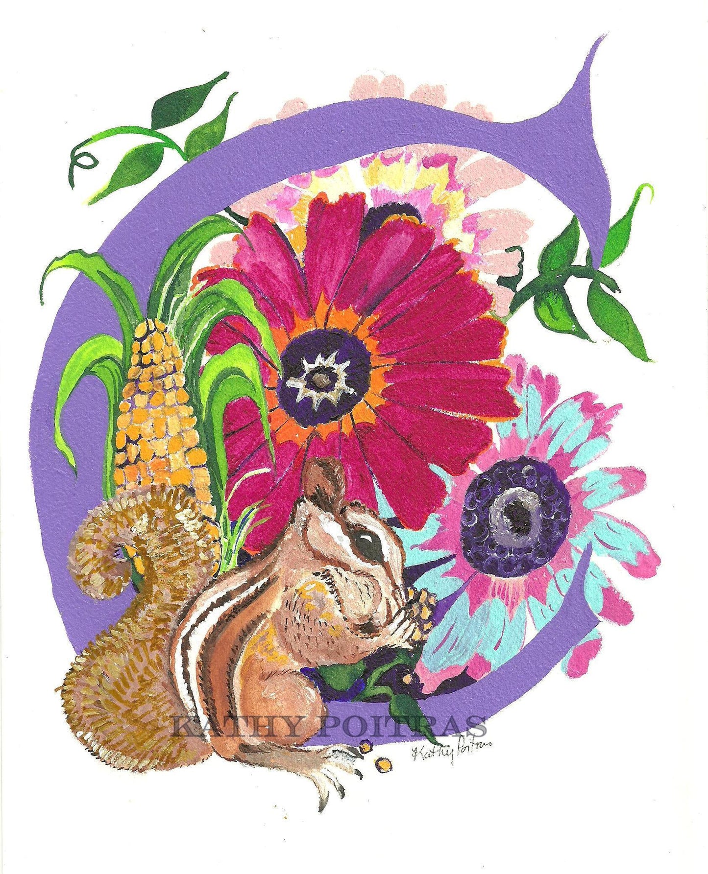 Illustrated letter C, for Chipmunk and Chrysanthemum and Corn. Art fr the nursery of children's bedroom.   by artist Kathy Poitras