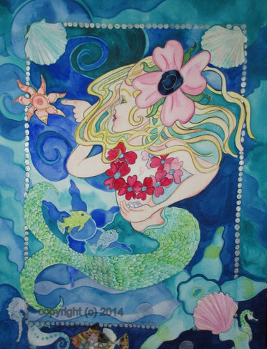 Naïve fantasy watercolor and ink painting of a curious mermaid child investigating a starfish.   Nursery art, naïve folk art  style by artist  Kathy Poitras.  18 x 24 inches  watercolor and ink on arches 140 pound fine tooth rag paper. 