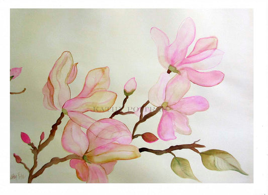 Delicate Pink Magnolias. Watercolor and ink-Original Painting & Bamboo Prints-Art Cards