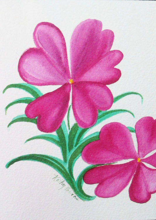 5x7 inch original naïve folk art watercolor painting of two fuchsia flowers with heart shaped petals. by artist Kathy Poitras . You may order the original painting, a signed print on archival inkjet paper, or hand made art card that comes with an envelope and crystal clear plastic sleeve.  