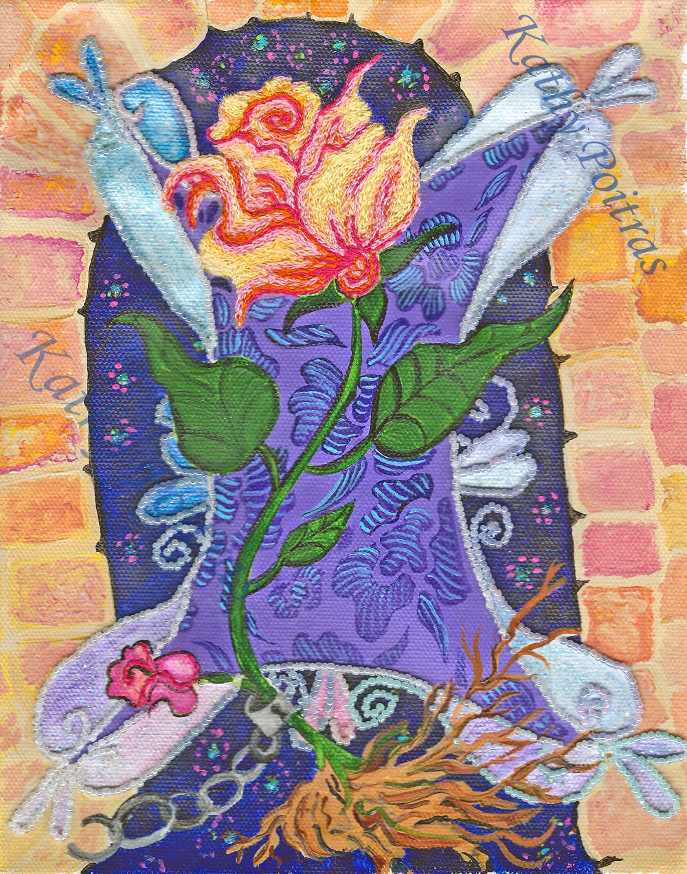 A rose breaks free from it's chains. 8x10 inch hand embroidered rose blossom as part of an acrylic painting. There is also beadwork in the painting.
