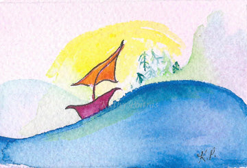 3 x 2  inch original mixed media folk art watercolor painting on paper, of a naïve  sailboat on on a swelling blue wave.  Impression of mountains and sunrise in the background.  Naive folk art style. By Canadian folk artist Kathy Poitras. 