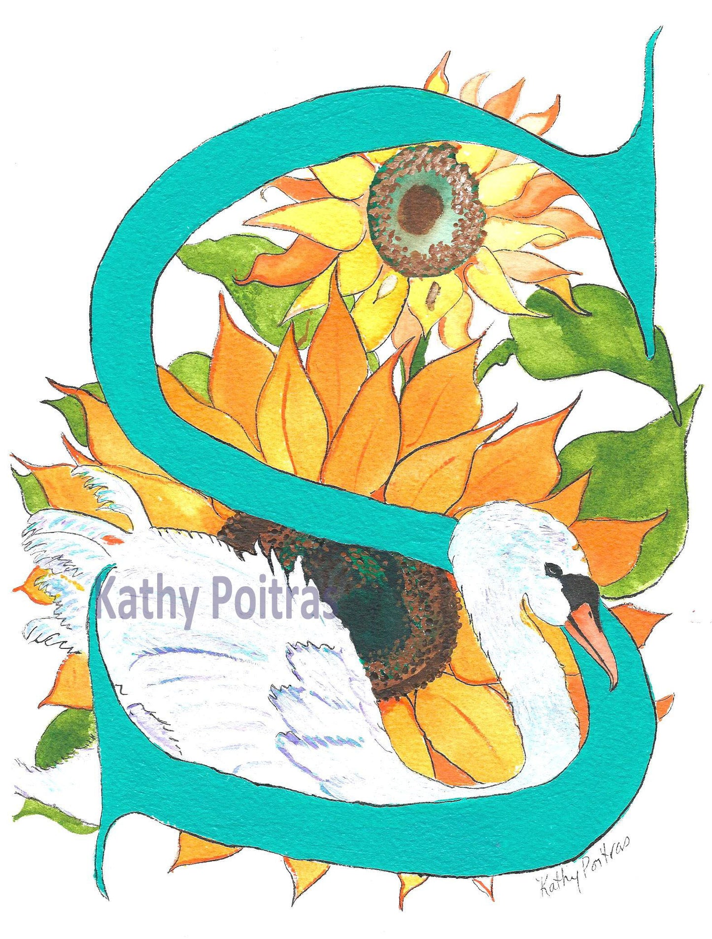 Illustrated Letter S is for Swan and Sunflowers by artist Kathy Poitras. Blank inside