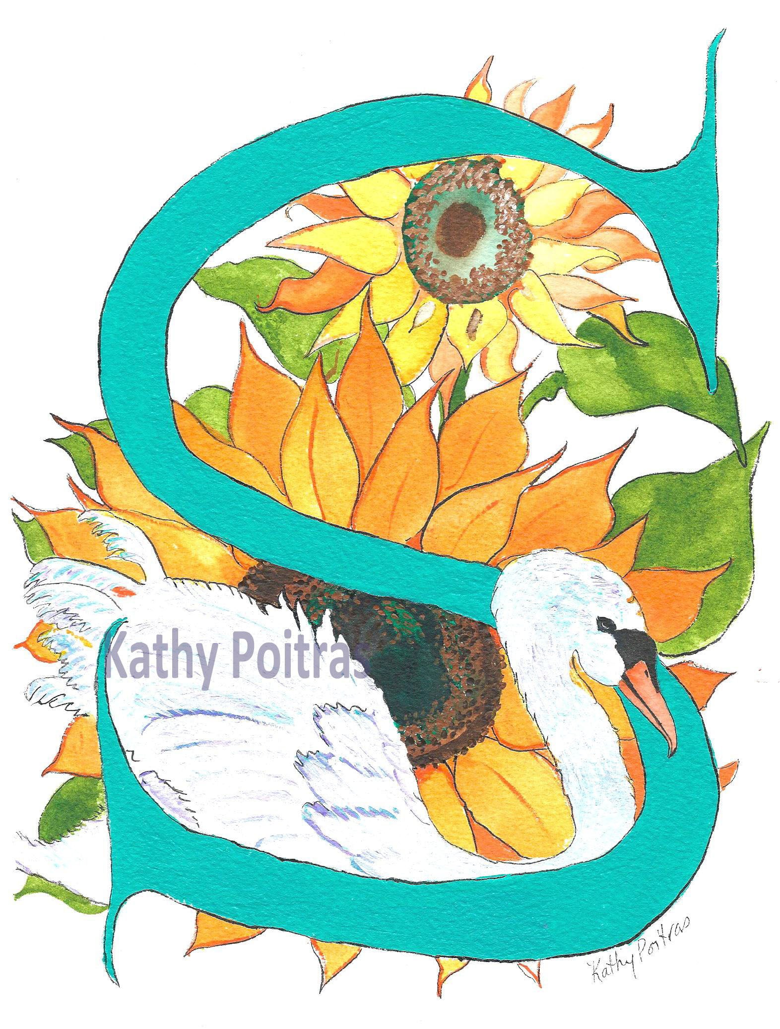 Illustrated Letter S is for Swan and Sunflowers by artist Kathy Poitras. Blank inside