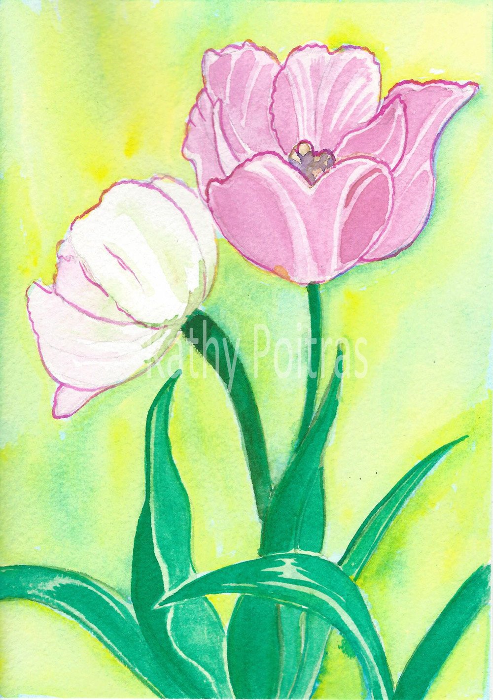 two pink watercolor and ink tulips, one facing forward, one facing backward. More realistic than Kathy Poitras' usual flower paintings