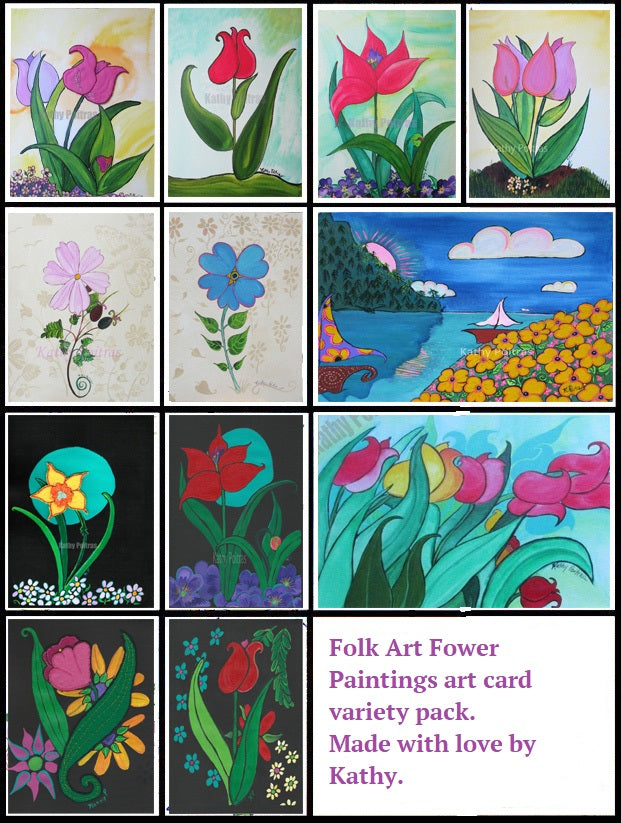 Folk art Flowers art card variety pack by artist Kathy Poitras