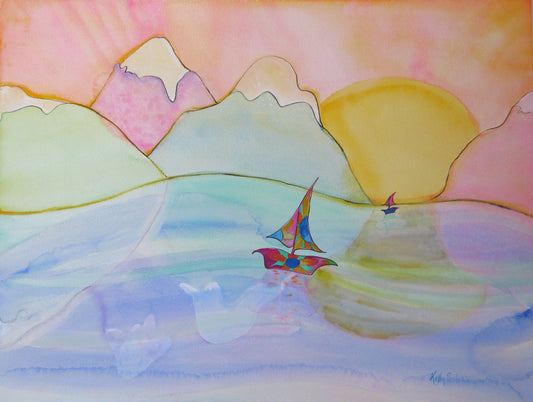 art card and naïve painting  of fantasy boats, mountains and calm waters.  Sunrise. by artist Kathy Poitras. 18 x 24 inches. watercolor and ink on rag paper. 