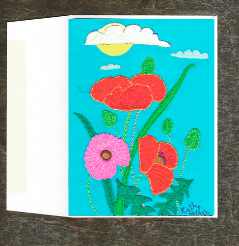 This handmade photographic art card displays Kathy Poitras' naive art style, of a felt applique featuring hand-embroidered work. This cheerful folk art greeting card makes a wonderful and unique Birthday Card or Mother's Day Card. 