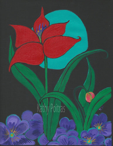 Elegant Red Tulip  Flower, against a blue moon, surrounded by purple pansies.  8.5 x 11 inches, acrylic on black canvas paper, Naïve Folk  art by Kathy Poitras. 