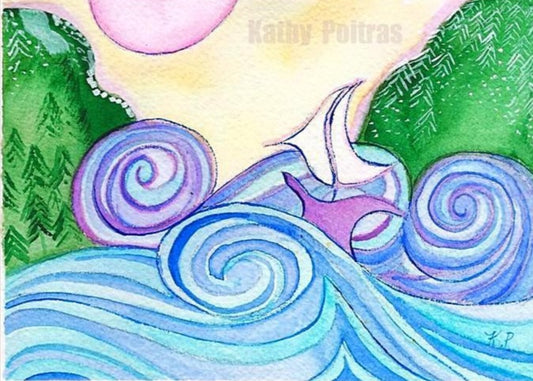 art card and  painting of a whimsical abstract  sailboat on swirly waves with mountains and a giant pink sun and yellow sky,  I feel like the boat is on a perilous journey. As are we.  By artist Kathy Poitras