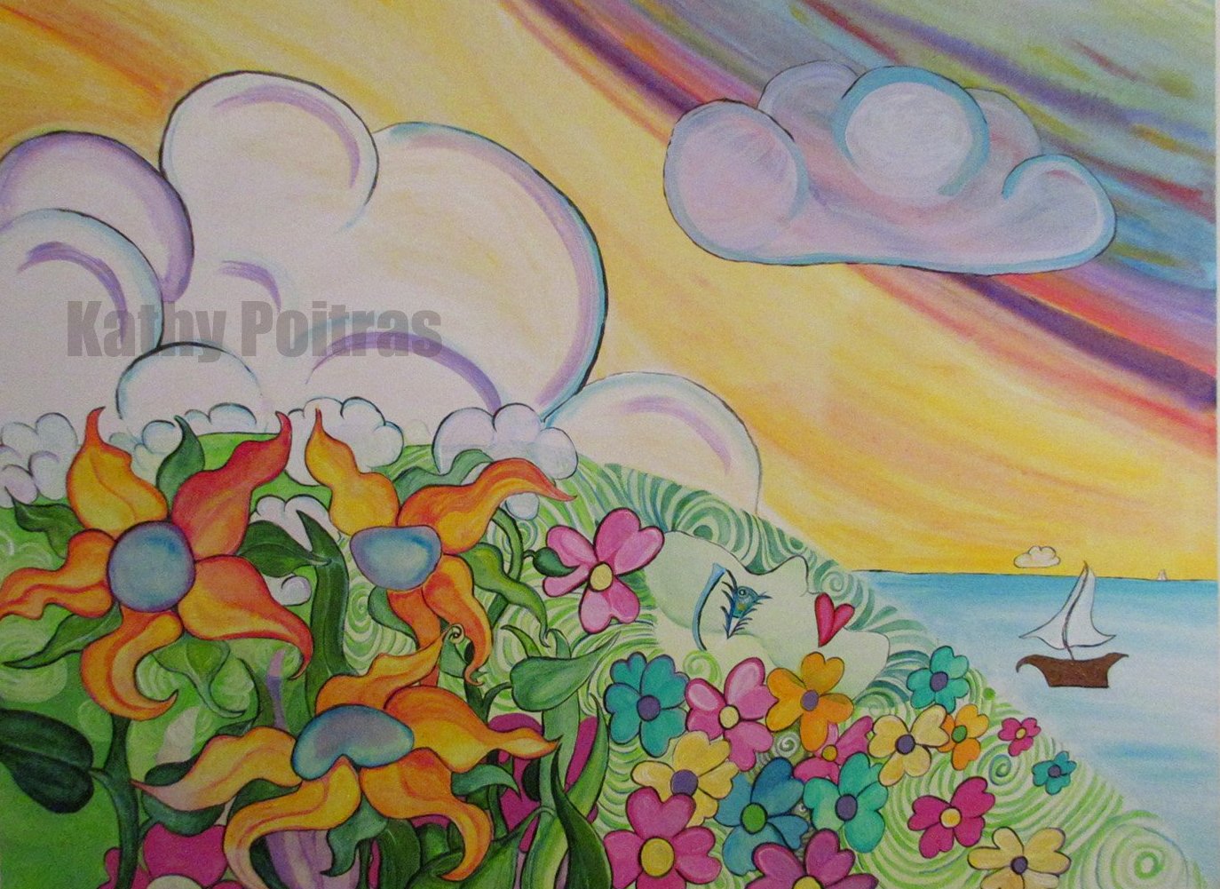 art card and whimsical painting with a face among the flowers on the hill overlooking the harbor