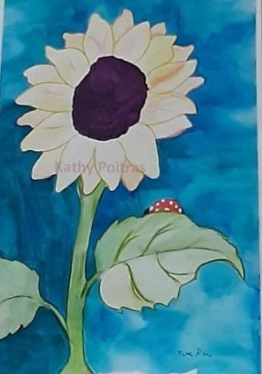One Sunflower and Ladybug painting on paper