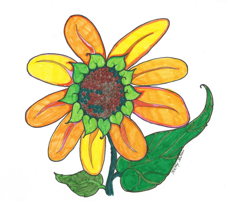 color your own, naïve fantasy folk art sunflower